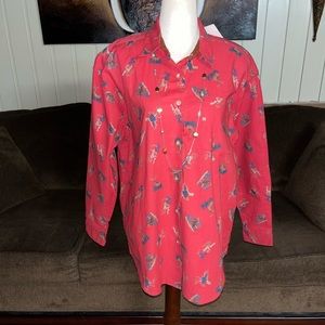 Kyoto Kasuals • Vtg • Large • New • Red • Blouse • Deer/ Bird/ Owl Design